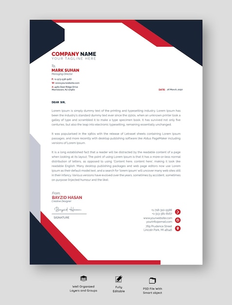 Design de papel de carta profissional moderno com cores vibrantes e layout organizado