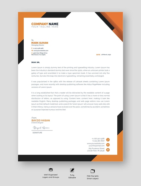 Design de papel de carta profissional moderno com cores vibrantes e layout organizado