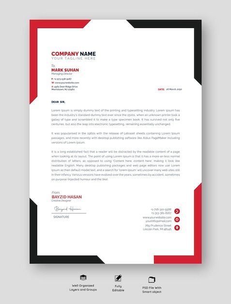 Design de papel de carta profissional moderno com cores vibrantes e layout organizado