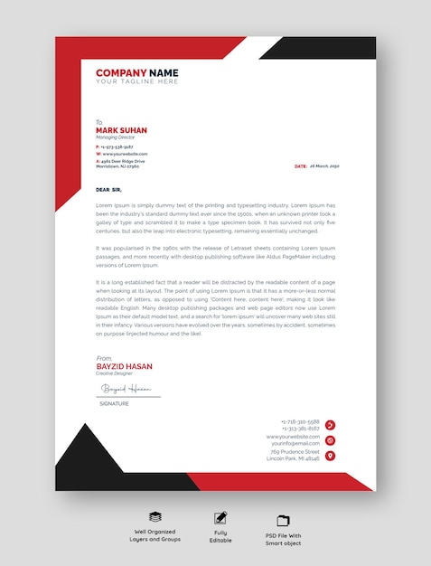 Design de papel de carta profissional moderno com cores vibrantes e layout organizado