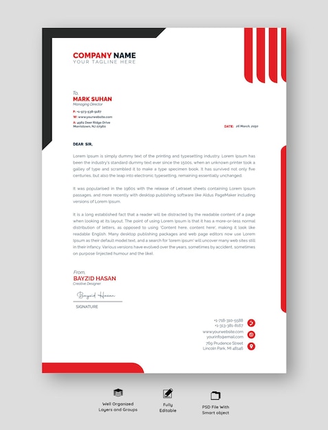 Design de papel de carta profissional moderno com cores vibrantes e layout organizado