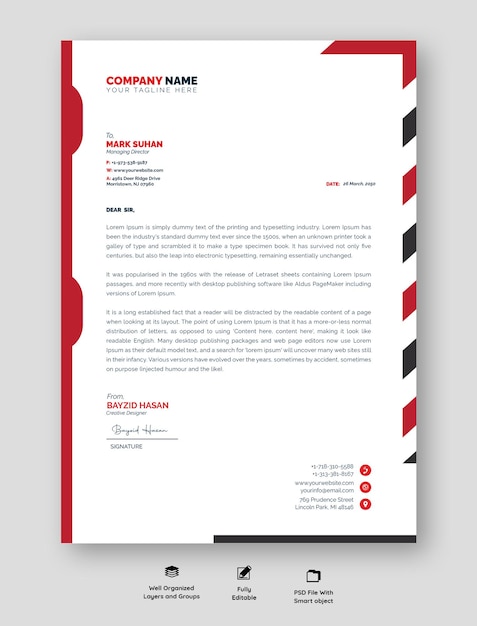 Design de papel de carta profissional moderno com cores vibrantes e layout organizado