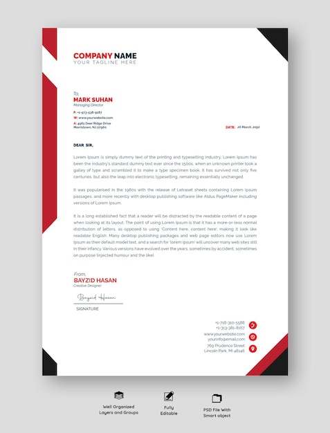 Design de papel de carta profissional moderno com cores vibrantes e layout organizado