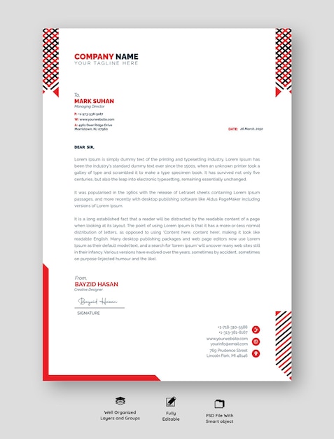 Design de papel de carta profissional moderno com cores vibrantes e layout organizado