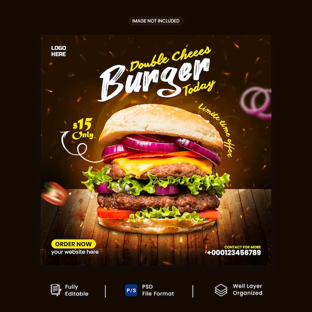 Design de postagem de mídia social de hambúrguer de comida deliciosa com multiuso