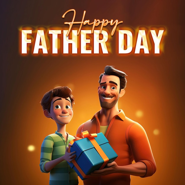 PSD design de postagem de mídia social do feliz dia dos pais039 com um filho dando um presente para o pai ao fundo