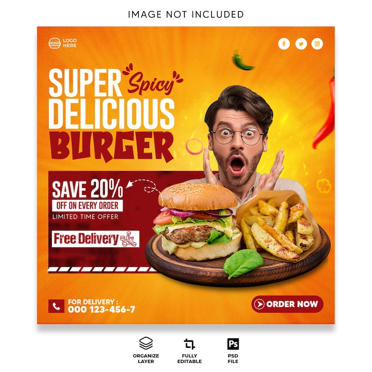 PSD design de postagem promocional de hambúrguer delicioso no instagram