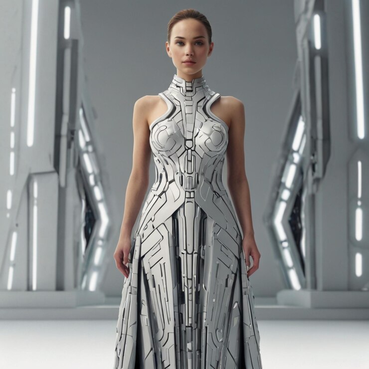 PSD design de vestido maxi digital futurista