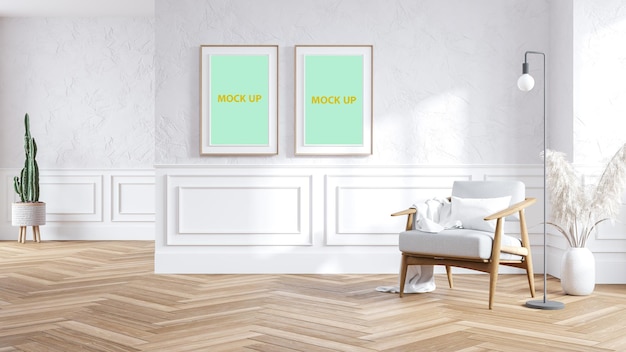 Design degli interni del soggiorno moderno con mockup di cornice