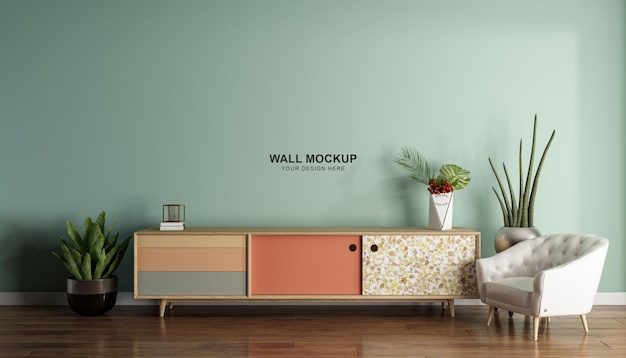 Design del mockup della parete interna del soggiorno nel rendering 3d