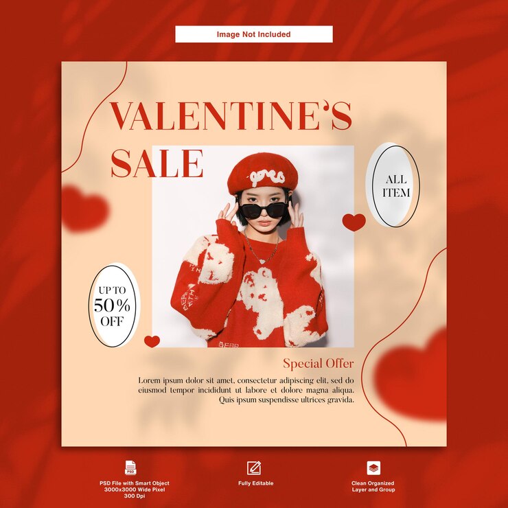 PSD design del modello di post di instagram del prodotto di moda di vendita di san valentino