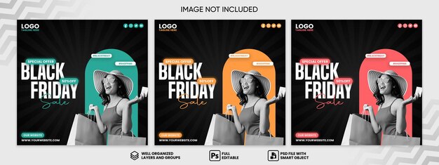 Design del modello di post sui social media per il venerdì nero in tre diversi colori