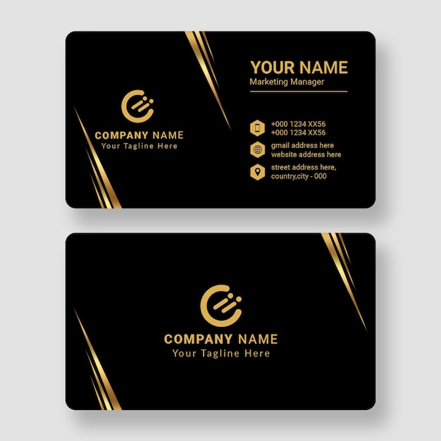 Design elegante de cartão de visita preto e dourado