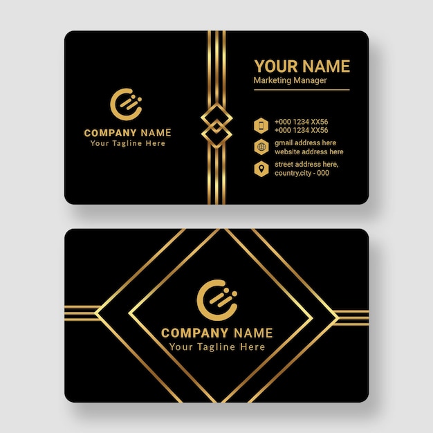 Design elegante de cartão de visita preto e dourado