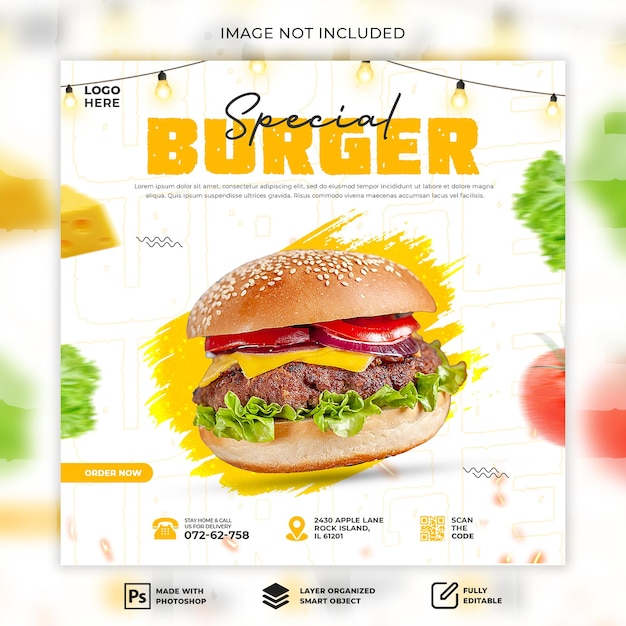 Design especial de postagem de hambúrguer delicioso para modelo psd premium do instagram ou facebook
