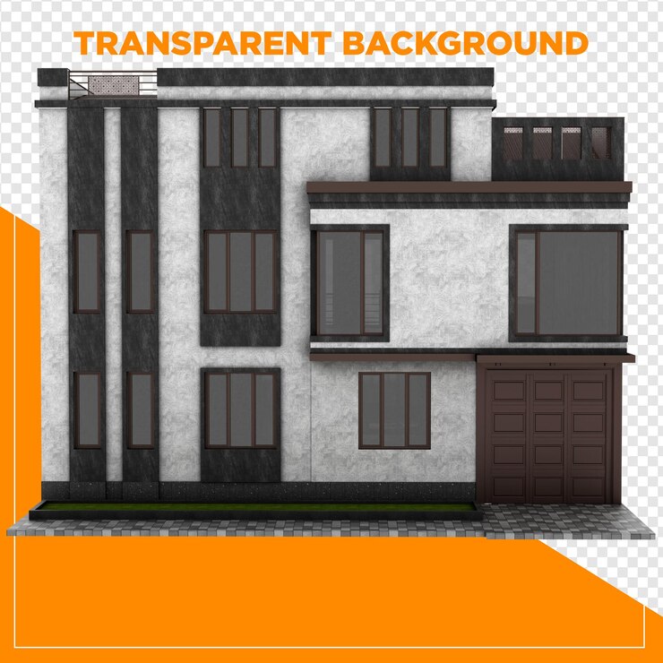 PSD design exterior de casa moderna com fachada preta e branca com fundo transparente