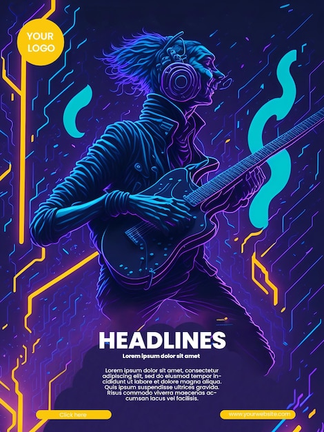PSD design de flyer avec le guitariste au néon iillustration