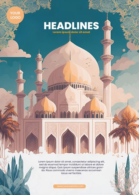 PSD design de flyer avec illustration de la mosquée