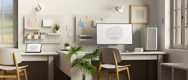 PSD design d'intérieur de bureau confortable avec maquette d'ordinateur et de tablette numérique