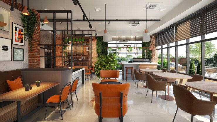 PSD design intérieur de café moderne avec des chaises orange, des murs en brique et de grandes fenêtres