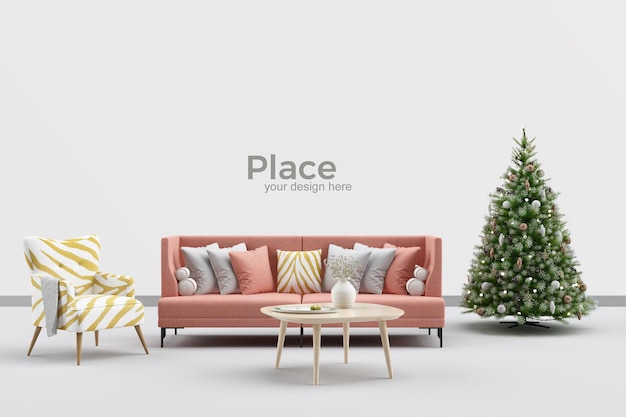 PSD design d'intérieur de salon avec arbre de noël