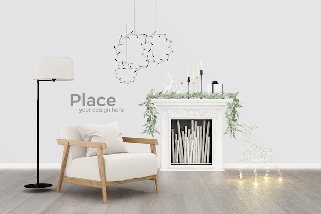 PSD design d'intérieur de salon avec arbre de noël