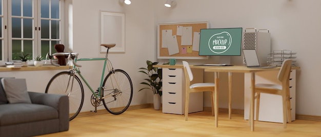 PSD design interior aconchegante de escritório doméstico com maquete de computador