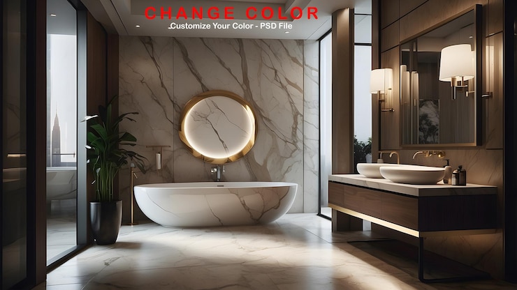PSD design interior de banheiro de luxo minimalista com banheira moderna e decoração de casa elegante washroo