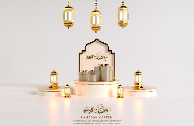 Design islamico Ramadan Kareem con lanterna araba brillante 3D realistica e confezione regalo sul podio