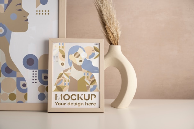 Design mock-up con cornice in legno con colori tenui e decorazioni