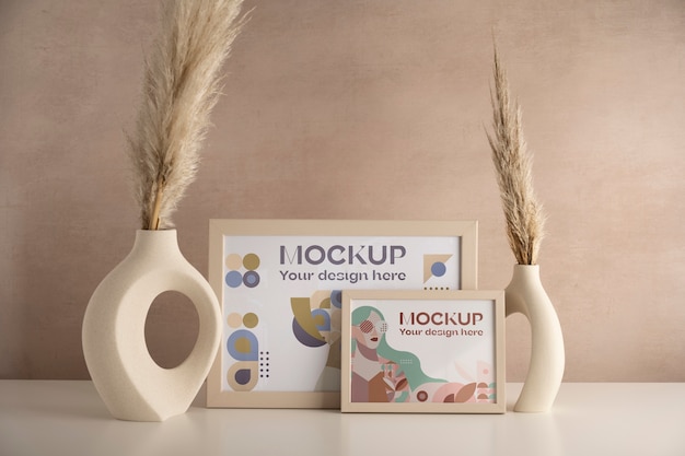 Design mock-up con cornice in legno con colori tenui e decorazioni