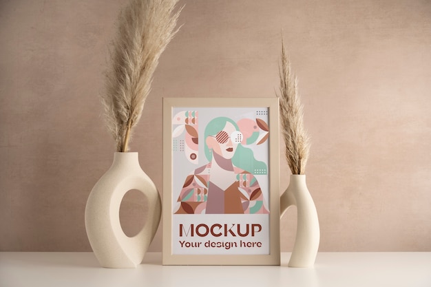 Design mock-up con cornice in legno con colori tenui e decorazioni