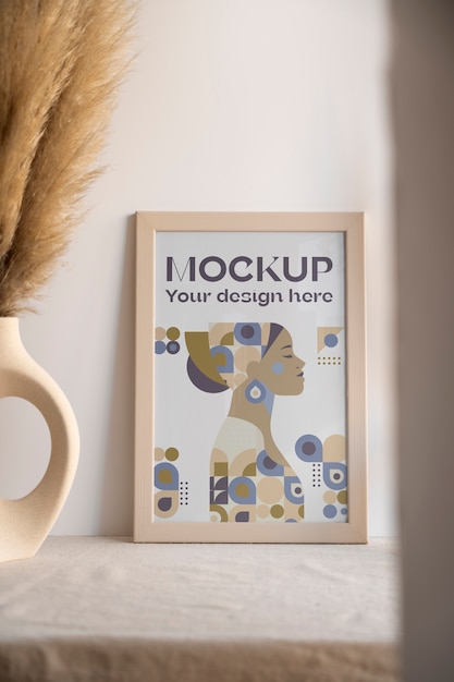 Design mock-up con cornice in legno con colori tenui e decorazioni