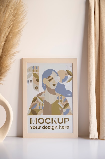 Design mock-up con cornice in legno con colori tenui e decorazioni