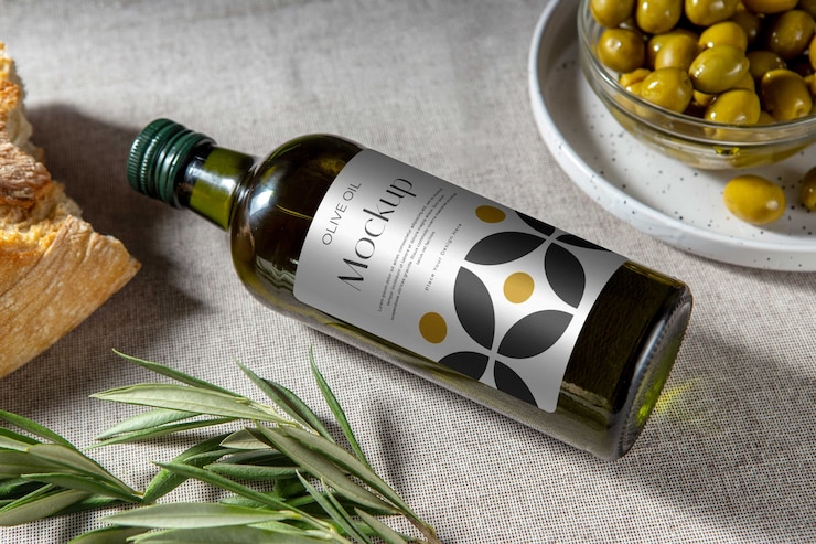PSD design mock-up di una bottiglia di olio d'oliva in vetro