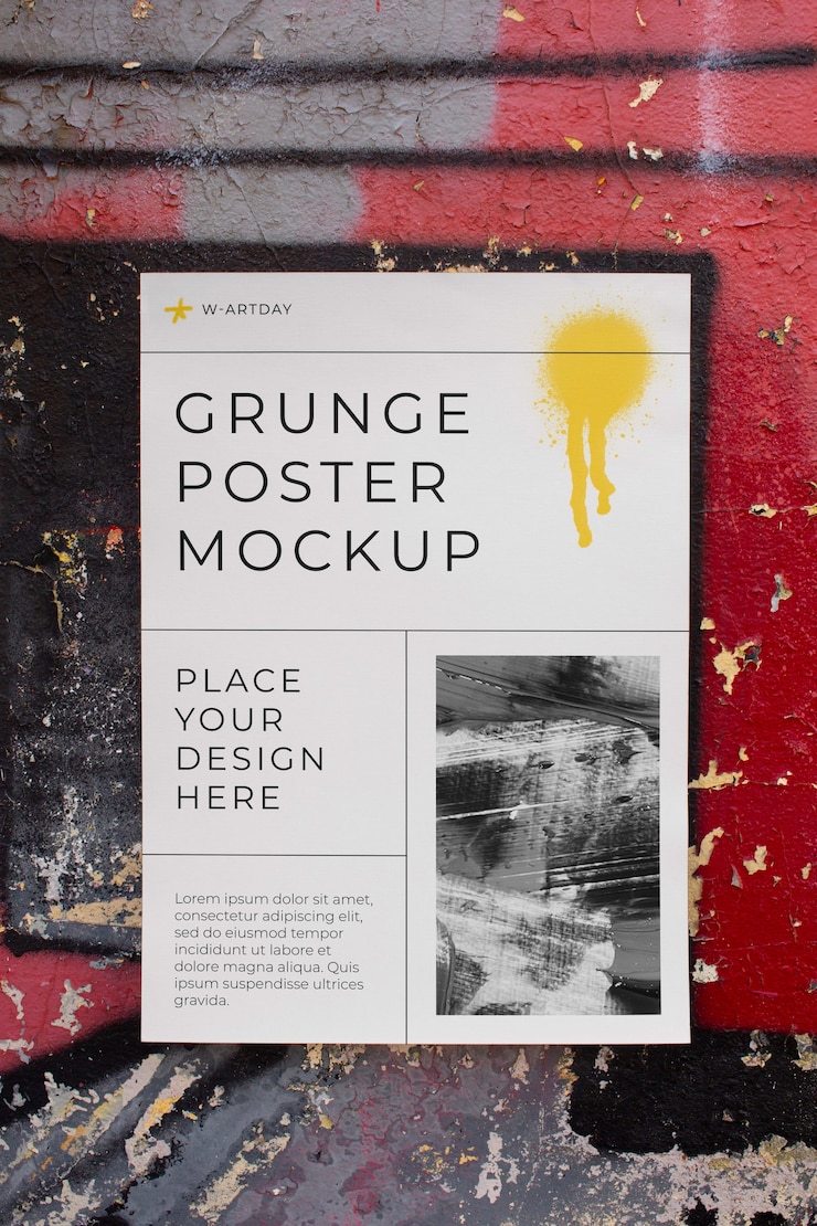 PSD design mock-up poster grunge su superficie ruvida all'aperto con vernice spray