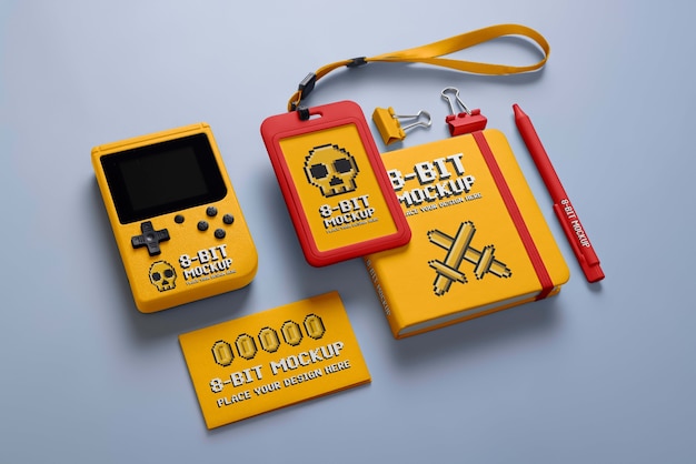 Design mockup di elementi di merchandising a 8 bit