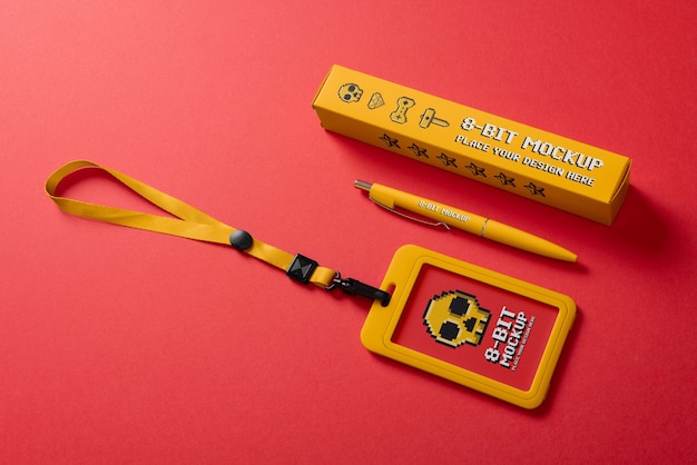 Design mockup di elementi di merchandising a 8 bit