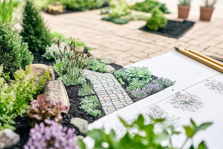 PSD design de paysage de jardin en miniature avec des croquis