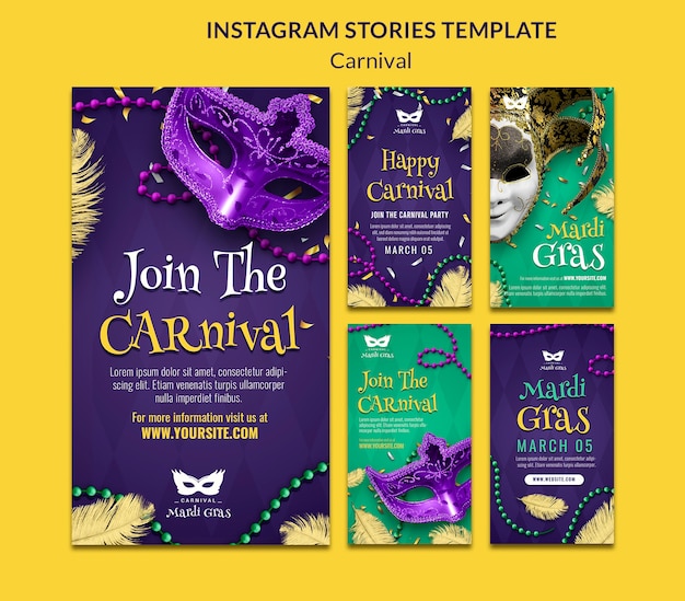 Design realistico del modello di storie di instagram di carnevale