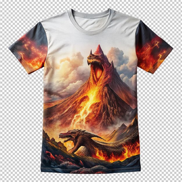 PSD design de t-shirt volcan de feu et dragon terrifiant sur un fond transparent
