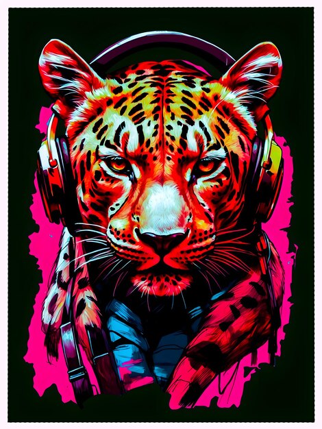 Design transparente de tigre leopardo colorido para camisetas e roupas e toras leopardo com fone de ouvido