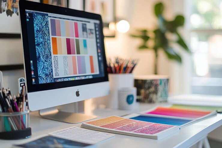 PSD designer-arbeitsraum mit imac mit farbpaletten und design-proben