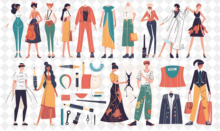 PSD designer de moda chique com desenhos de desenhos de personagens e pessoas png em ilustração de trabalho diário