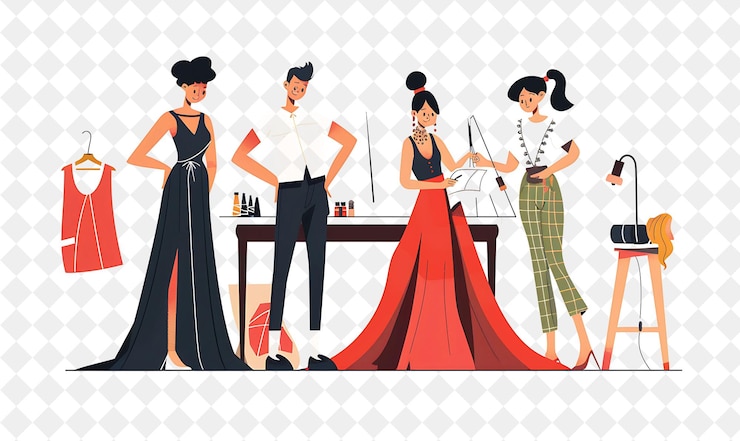 PSD designer de moda chique com desenhos de desenhos de personagens e pessoas png em ilustração de trabalho diário
