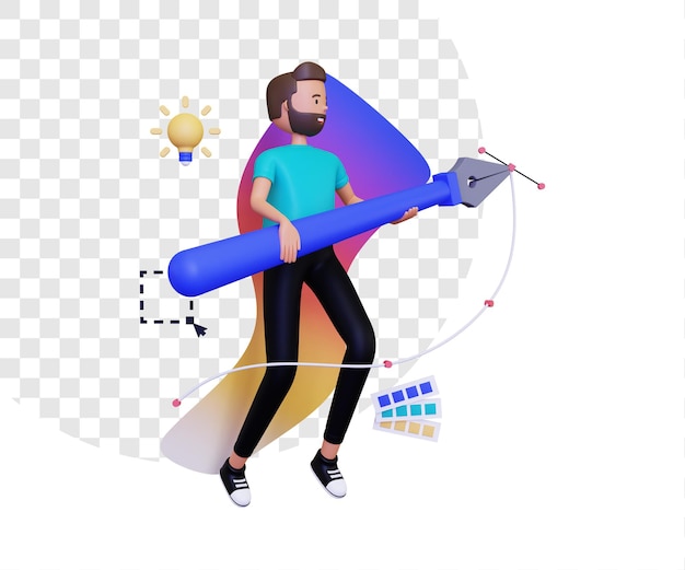 PSD designer gráfico 3d com personagem masculino segurando a ferramenta caneta