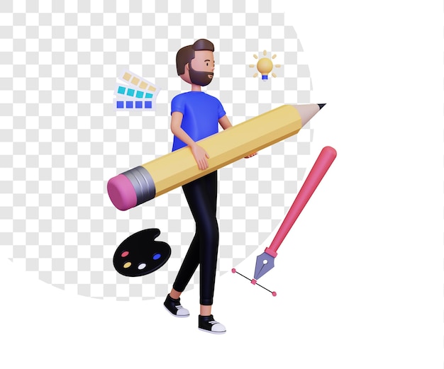 Designer gráfico 3D com um personagem masculino segurando um ícone de ferramenta de lápis e caneta