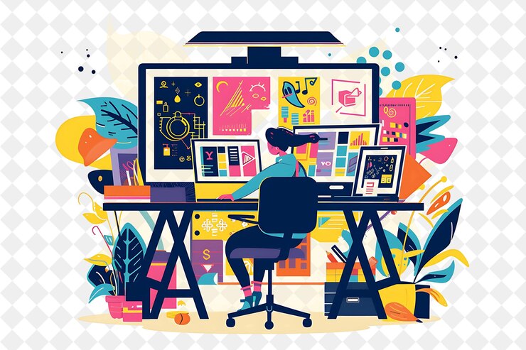 PSD designer grafis artistik dengan desain karakter dan pembuatan gambar orang png dalam ilustrasi pekerjaan sehari-hari