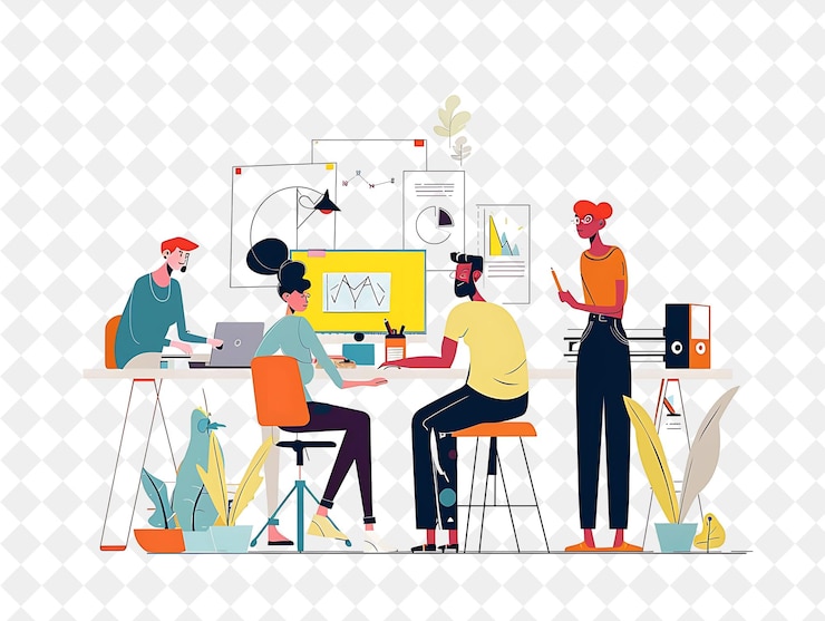 PSD designer graphique artistique avec des personnages concevant et créant des personnes png dans l'illustration de travail quotidien
