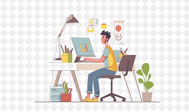 PSD designer graphique artistique avec des personnages concevant et créant des personnes png dans l'illustration de travail quotidien